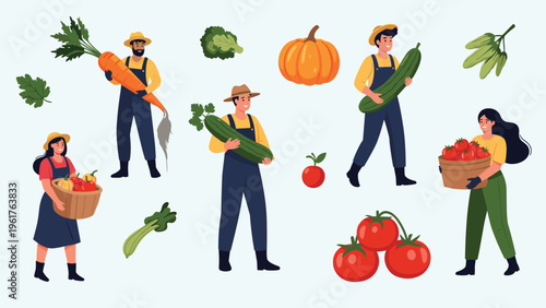 Group of professional farmers harvesting fresh organic vegetables like pumpkins, carrots, and tomatoes on a farm.