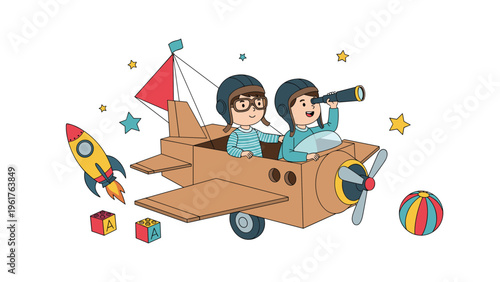 Two happy young children wearing helmets and goggles while playing pilots in a large homemade cardboard box airplane.