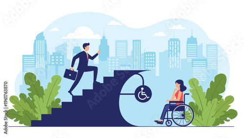 Disabled woman in a wheelchair facing a barrier of stairs while a businessman easily climbs to career success.