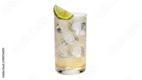 Fotografie Refreshing sparkling drink with ice and a lime garnish in a tall highball glass