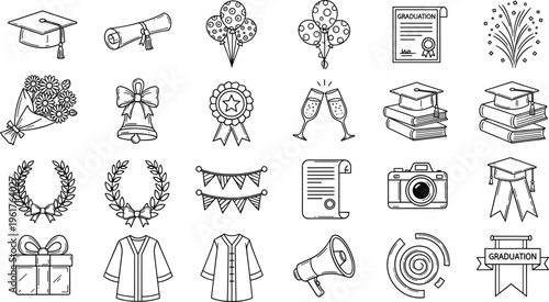 Collection of graduation outline vector icons including cap diploma certificate books camera award megaphone and celebration elements set