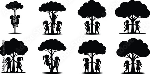 Children playing and climbing trees silhouettes featuring young boys and girls hugging trunks, scaling branches, and outdoor nature exploration vector,