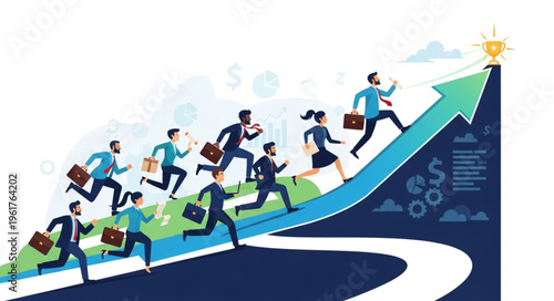 Business Professionals Racing Upward on Arrow Path to Success.