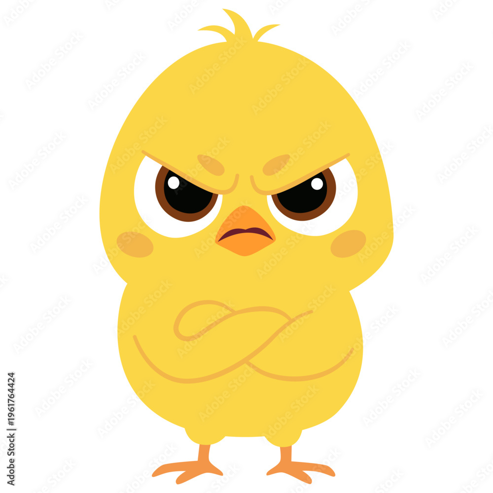 Obraz premium A cute, mischievous yellow chick stands with its arms crossed over its chest. A flat vector illustration in a simple, childlike style. Vector illustration