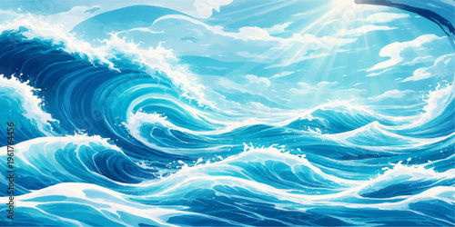 Abstract a dynamic painting of ocean waves, capturing their power and beauty with expressive brushstrokes. The sky adds depth to this evocative seascape.