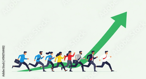 Business Team Running Towards Success with Upward Arrow.