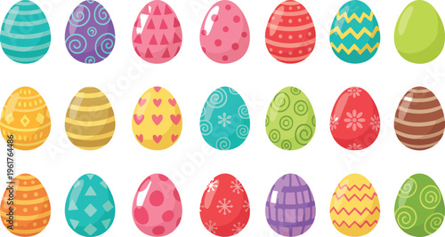 Spring Easter eggs vector set with cute colorful patterns, festive chocolate egg decoration collection for holiday cartoon illustration design