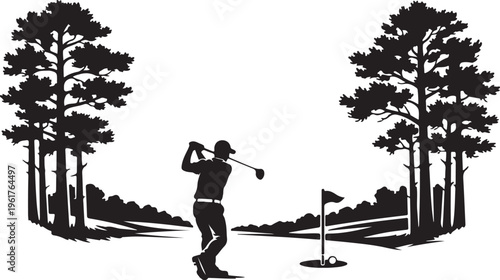 silhouette of Augusta pines trees framing fairway golfer 