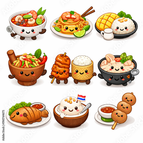 Cute Kawaii Thai Food Characters Set - Tom Yum, Pad Thai, Mango Sticky Rice, Som Tum, and Satay Vector Illustration