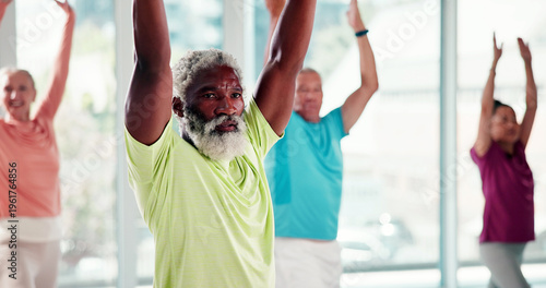 Billede på lærred Senior, people and stretching with class in studio for fitness, workout or exercise together
