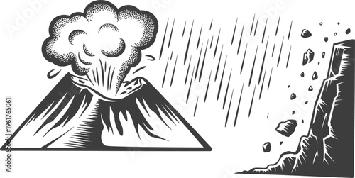 Natural disaster illustrations featuring erupting volcano and falling rocks landslide in vintage engraving style