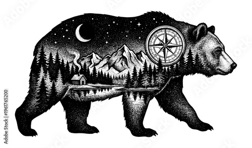 Double exposure bear silhouette with mountain forest and compass