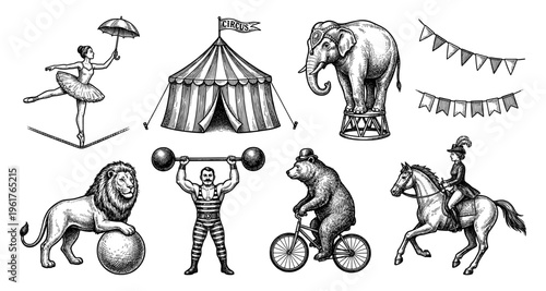 Vintage circus engraving set with elephant lion and performer