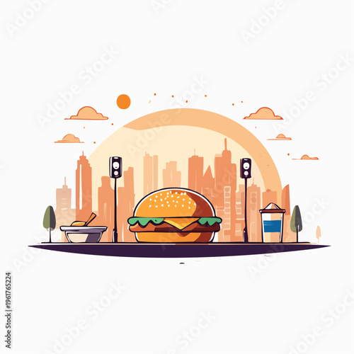 Delicious Big Burger with City Skyline Background and Traffic Lights