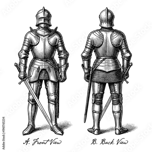 Medieval knight armor suit front and back view engraving