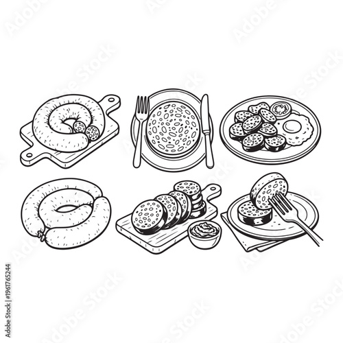 Black Pudding  lineart Slices Cartoon Food Vector Illustration Traditional Black Pudding Sausage Cut Pieces Cartoon Food Vector Collection British Black Pudding 