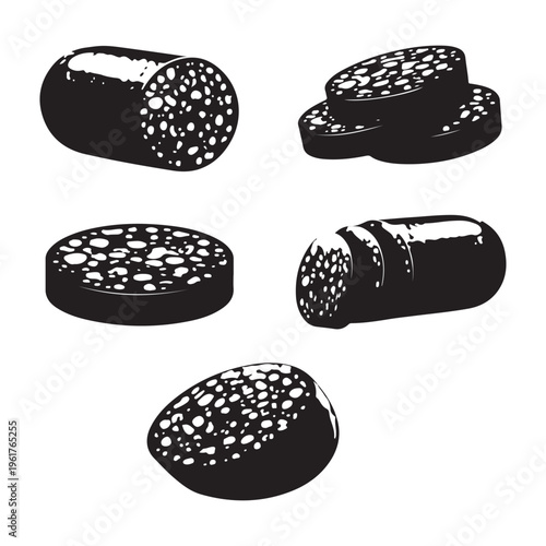 Black Pudding  Silhouette  Slices Cartoon Food Vector Illustration Traditional Black Pudding Sausage Cut Pieces Cartoon Food Vector Collection British Black Pudding 