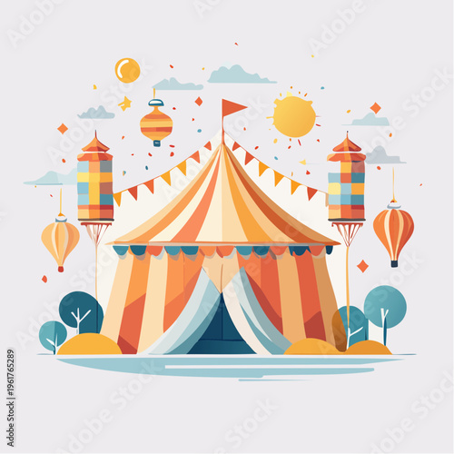 Vibrant circus tent with decorative lanterns and festive atmosphere