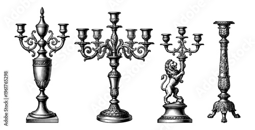 Vintage candelabra and candlestick set in engraving style