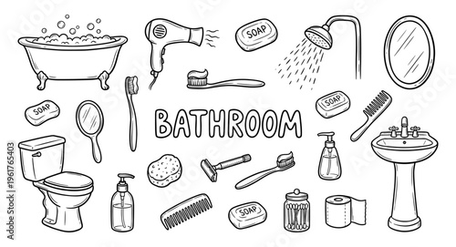 Bathroom and hygiene doodle set with bathtub toilet and sink