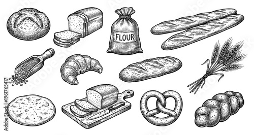 Bakery bread and flour set in vintage engraving style