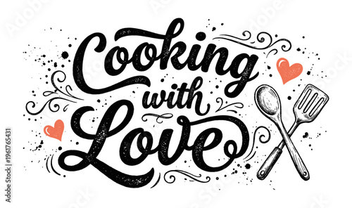 Cooking with love lettering phrase with kitchen utensil sketch