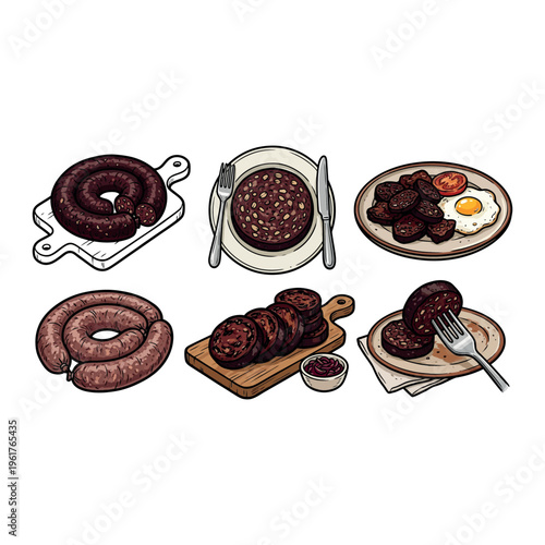 Black Pudding  Slices Cartoon Food Vector Illustration Traditional Black Pudding Sausage Cut Pieces Cartoon Food Vector Collection British Black Pudding 
