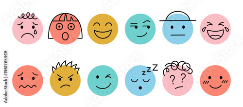 Emoji doodle icon set with funny facial expression and emotion
