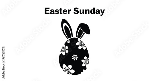 Simple black and white vector graphic illustration of an easter bunny egg featuring bold floral patterns and text