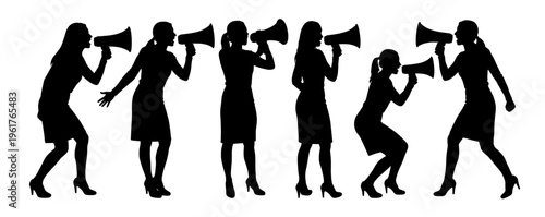 Business woman shouting in megaphone and bullhorn silhouette set
