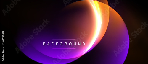 Abstract vibrant background. Overlapping curves create dynamic visual effect. Colors transition from purple to orange, illuminating center text.