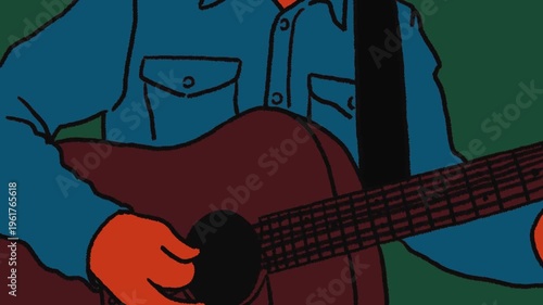 animation of accoustic guitar strumming with cartoon style. close up view to hand and guitar. loop mode