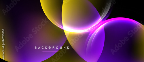 Abstract background features flowing shapes, vibrant colors. Yellow, purple hues blend creating dynamic visual effect. Modern design element.