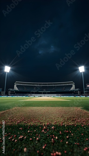 Professional Cricket Stadium at Night with Illuminated Floodlights and Empty Pitch Under Dramatic Dark Sky