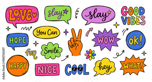 Retro 90s Y2K sticker and speech bubble set with good vibes