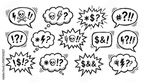 Hand drawn comic speech bubble set with swearing grawlix symbol