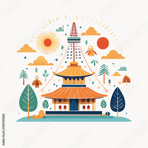 A vibrant and colorful illustration of a traditional Buddhist stupa temple with surrounding trees and sun