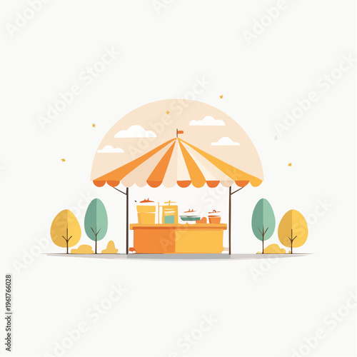 Vibrant outdoor market stall illustration with striped canopy, ideal for summer fairgrounds, festival events, and amusement park themes. Leisurely food and drink stand