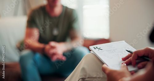 Konstfotografi Prescription pad, session and hands of psychologist in office for therapy with mental health assessment