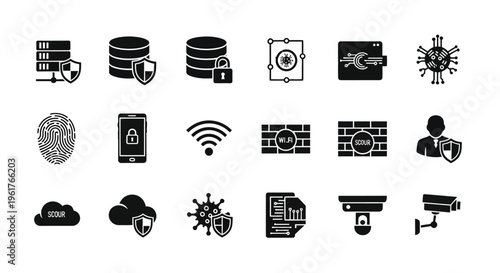 Set of cybersecurity icons including shield lock database fingerprint mobile wi fi and surveillance camera symbols on white background