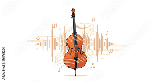 Double Bass Illustration with Abstract Sound Waves and Musical Notes