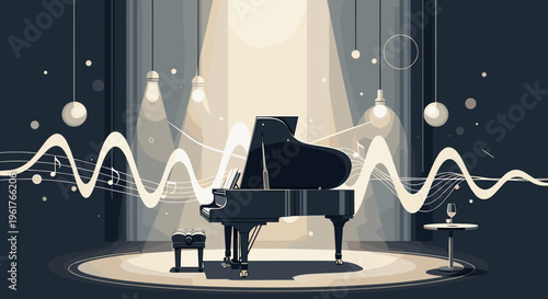 Elegant grand piano on stage with artistic musical sound waves