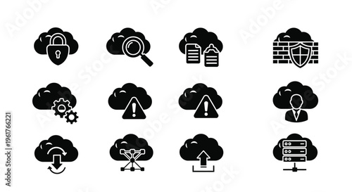 Cloud computing security icons set black and white symbols for data protection and safety