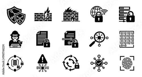 Collection of cybersecurity and data protection icons including locks shields and encryption symbols