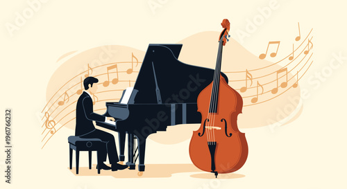Elegant Male Musician Playing Grand Piano Next to Standing Double Bass