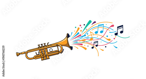 Golden Trumpet Instrument With Vibrant Colorful Musical Notes Bursting Out