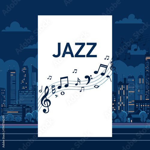 Jazz music event poster with night city skyline graphic design