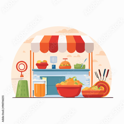 Colorful outdoor food stand offering a variety of fresh produce, delicious meals, and refreshing natural beverages in a lively market setting