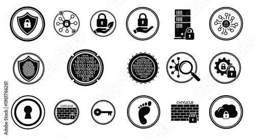 Black and white security icons set with lock shield key and protection symbols on white background for cybersecurity and data protection concepts