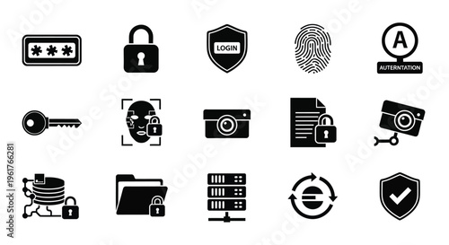 Black and white security icons set including locks shields and encryption symbols for cybersecurity and data protection concepts